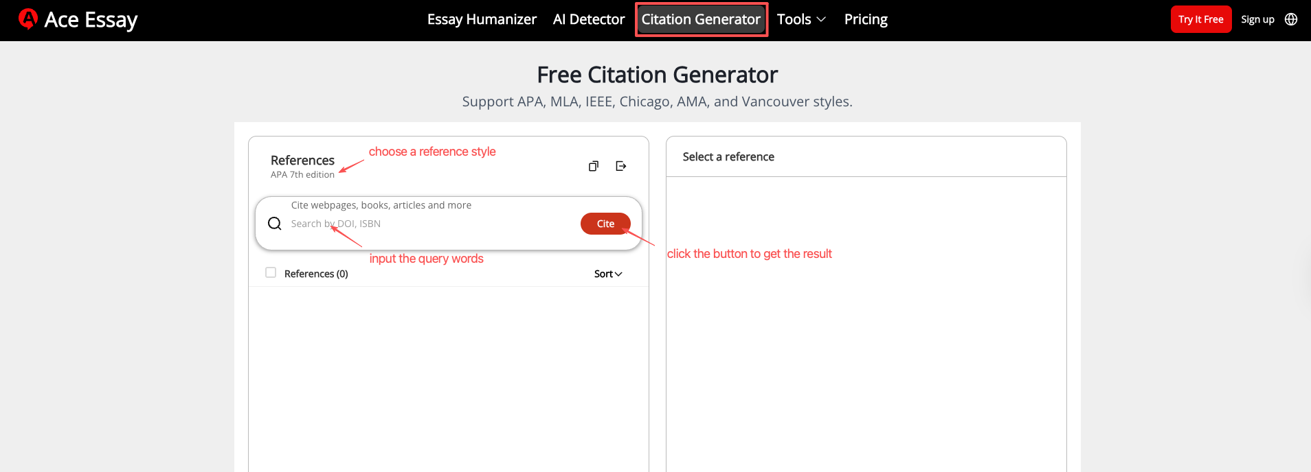 interface of citation generator