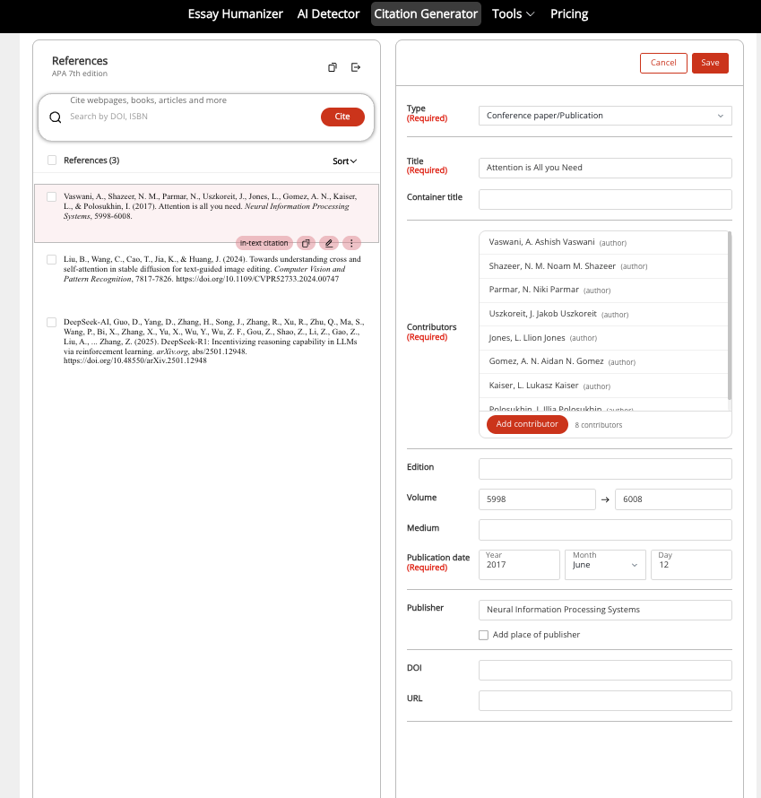interface of citation generator